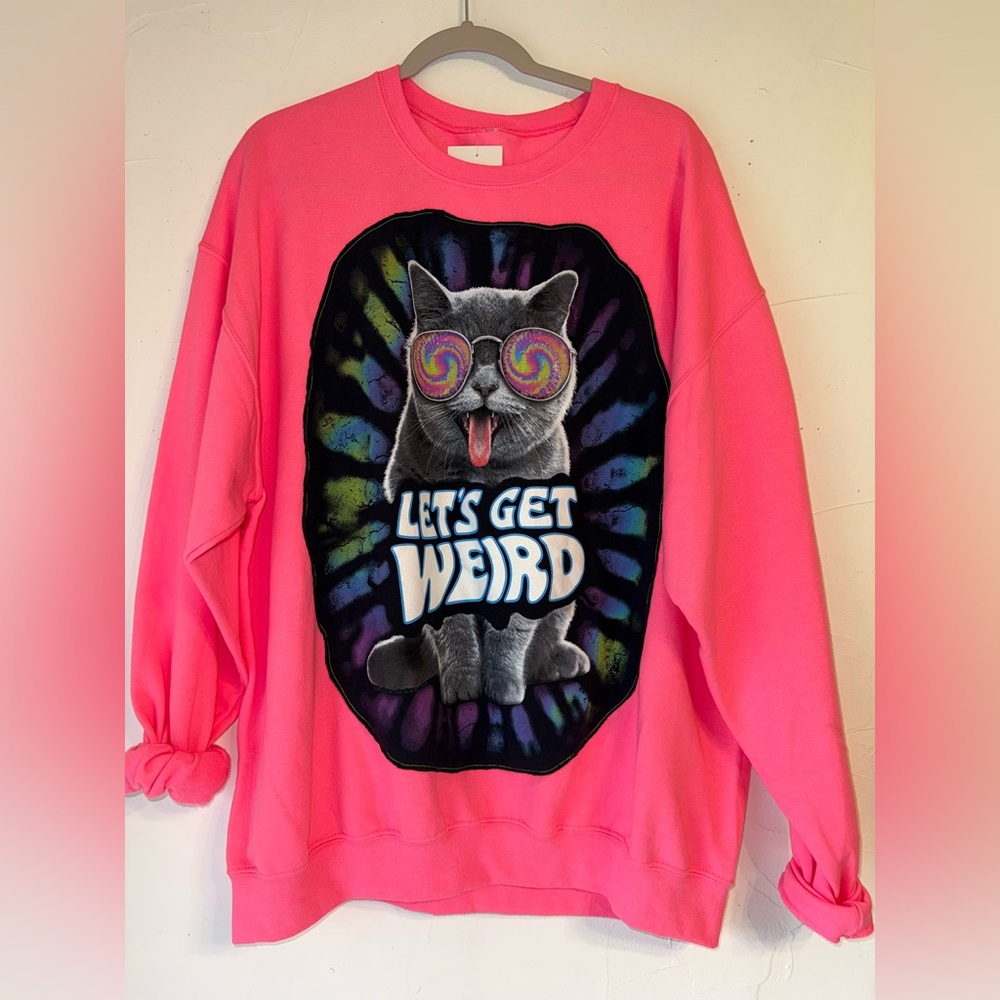 NWT OOAK UPCYCLED WEIRD CAT GRAPHIC TEE NEON PINK SWEATSHIRT SZ XL